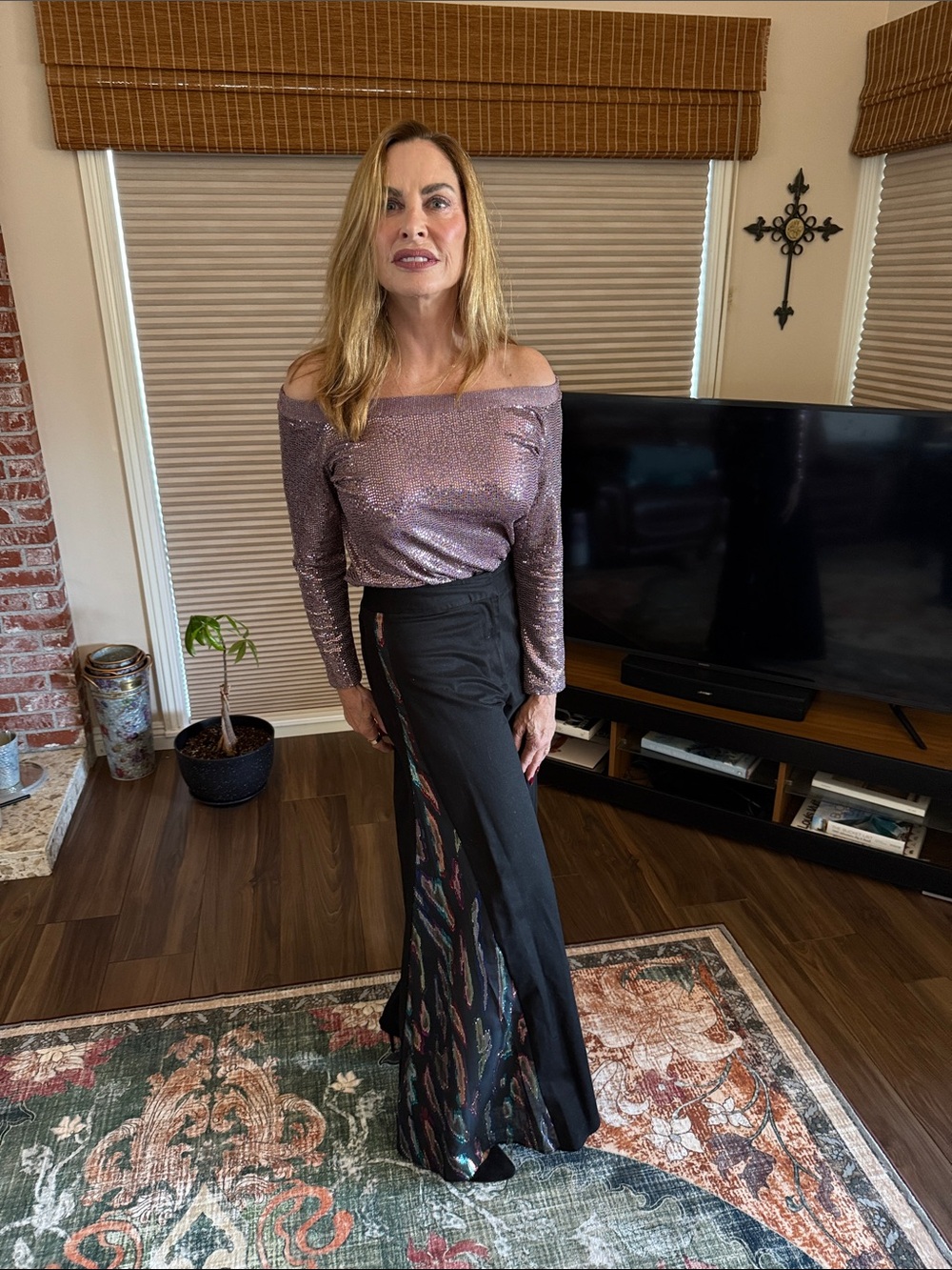 Wide Leg Black Palazzo Pants with Subtle Multi-Color Accent
